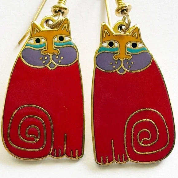Laurel Burch Vintage 1986 Olivia Cat Red Gold Tone Hoop Dangle Earrings - Picture 3 of 5